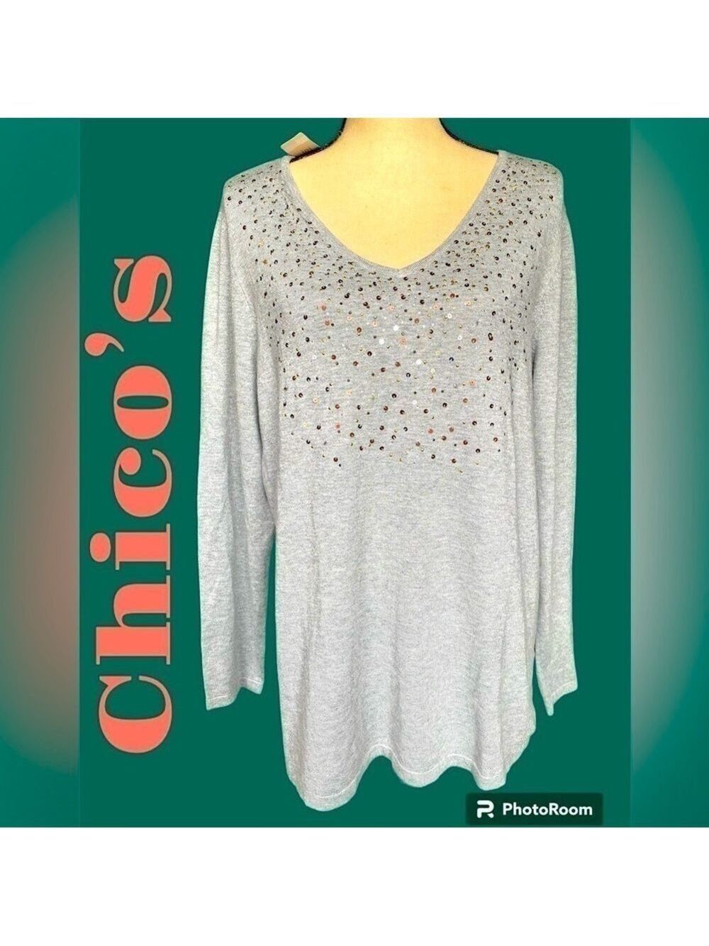 Chico’s- NWT size Large heather gray rayon-blend pullover sweater. Msrp $65.